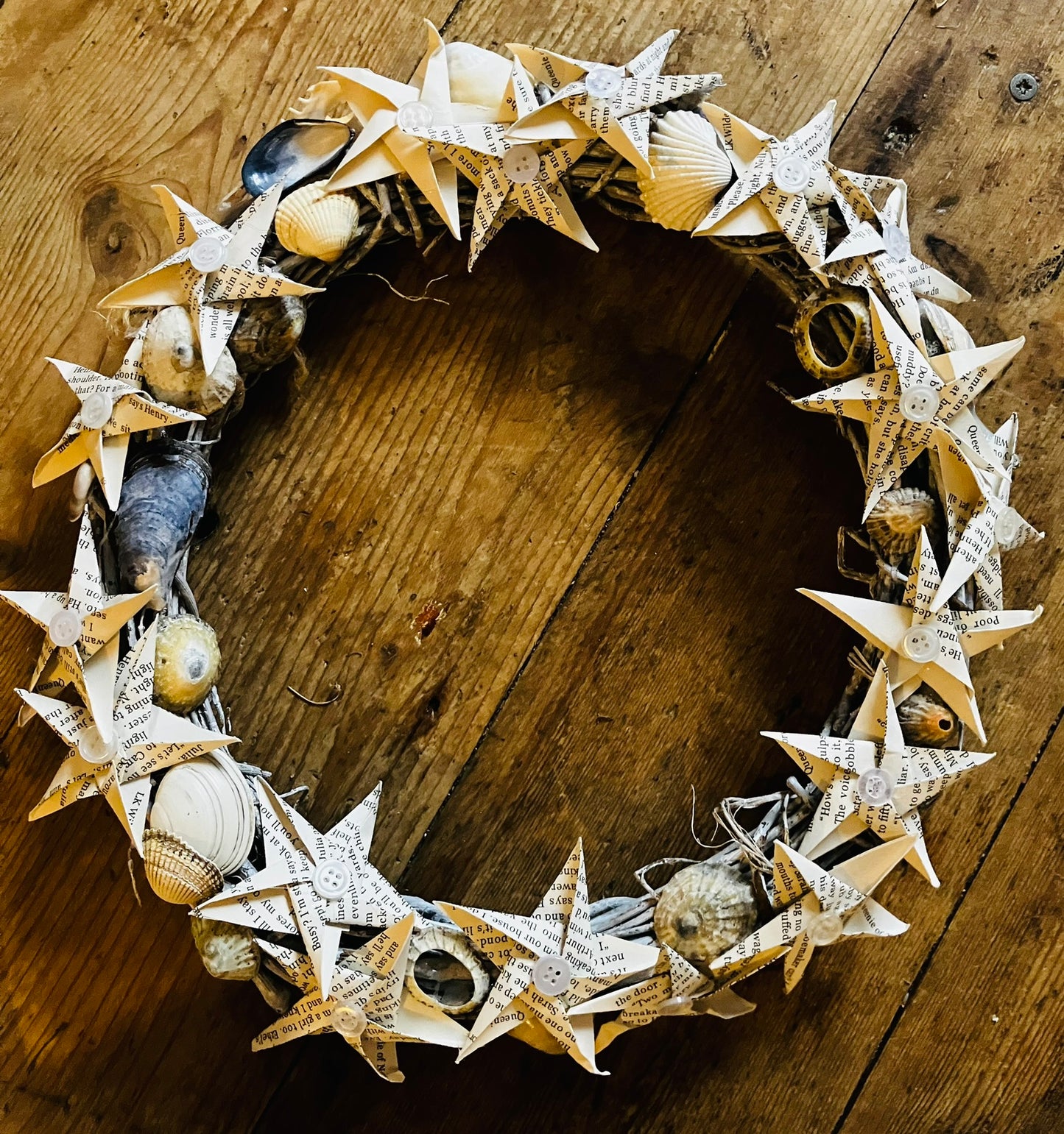 Star and shell book-page wreath