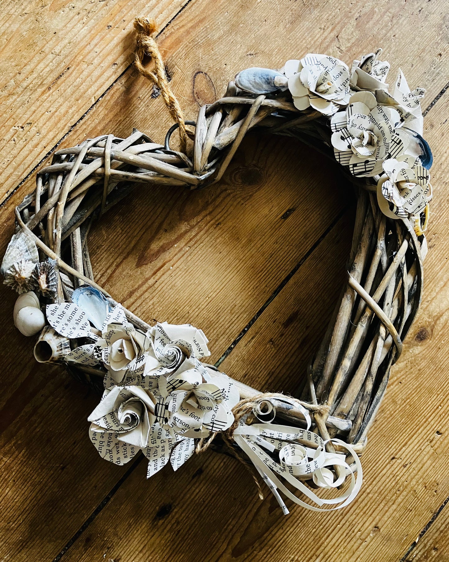 Medium wicker shell and book-page wreath